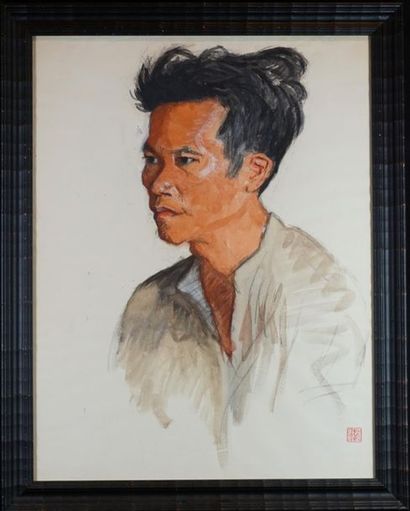 Marie Joséphine GIROUD (1873 - 1962) . Portrait d'un vietnamien. Fusain et aquarelle,...