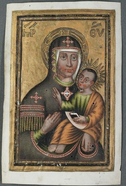 [ENLUMINURE]. Image pieuse, sur parchemin Vierge à l’Enfant  Encre, tempera et or...