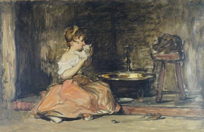 Joseph BAIL (1862-1921) Petite fille et son chat Huile sur toile 37 x 57 cm