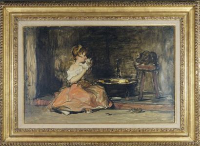 Joseph BAIL (1862-1921) Petite fille et son chat Huile sur toile 37 x 57 cm