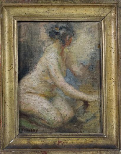 A Louis LAVALLEY (1862-1927). Naked on your knees. Oil on panel signed lower left....
