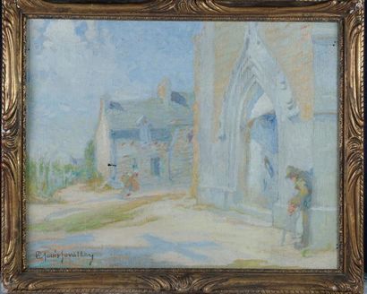 A Louis LAVALLEY (1862-1927). Devant l'église. Huile sur toile, signée en bas à droite....