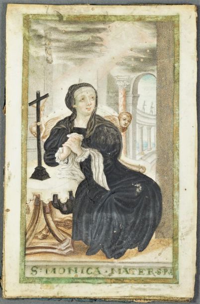 [ENLUMINURE]. [JESUITES] Image pieuse, sur parchemin Sainte Monique, mère de saint...