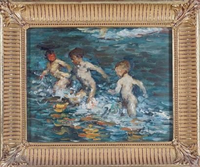 ECOLE XXème. Children's swimming. Oil on wooden panel, in a gilded wooden frame....