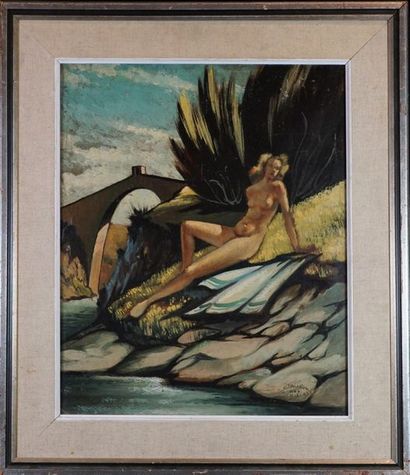 Ecole XX Ettore ROSSI ?. Naked in the sun. Oil on isorel signed, located and dated...