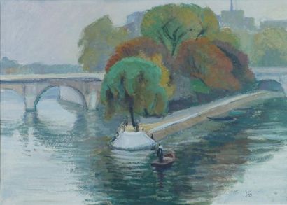 null Le pont neuf et l'ile de la cité. Huile sur papier monogrammée AB. Dimensions...