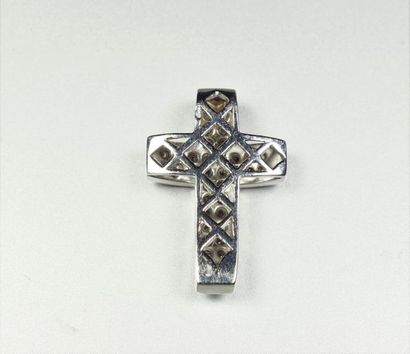 null Domed "Cross" pendant in 18K (750/oo) white gold set with double lines of brilliant-cut...
