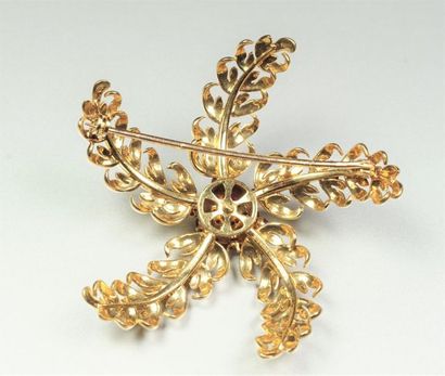 BOUCHERON : Starfish" brooch in 18K (750/oo) yellow gold centered with round rubies...