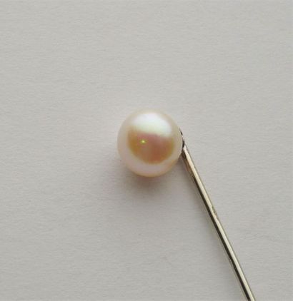  Épingle de cravate en or gris 18K (750/oo) ornée d'une perle (fine?), diamètre 7,80...