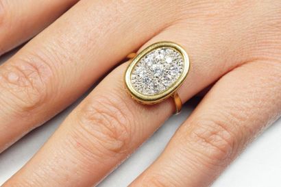 null Two-tone 18K (750/oo) gold ring, the oval plateau centered by a paving of imitation...