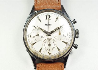 JAEGER LECOULTRE Men's chronograph watch in steel, round dial with cream background...