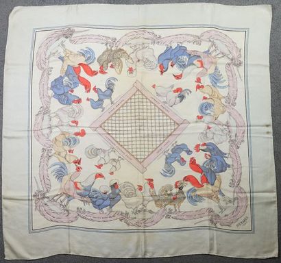 HERMES Paris - Printed silk square of unknown title decorated with hens and other...