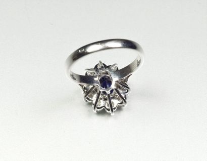 null Flower" ring in 18K (750/oo) white gold centered on an oval sapphire calibrating...