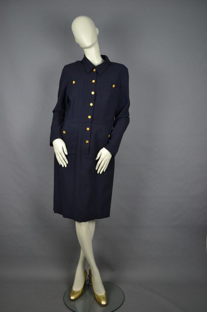 CHANEL Wool CHANEL dress with silk lining, navy blue, sun buttons on the back, size...
