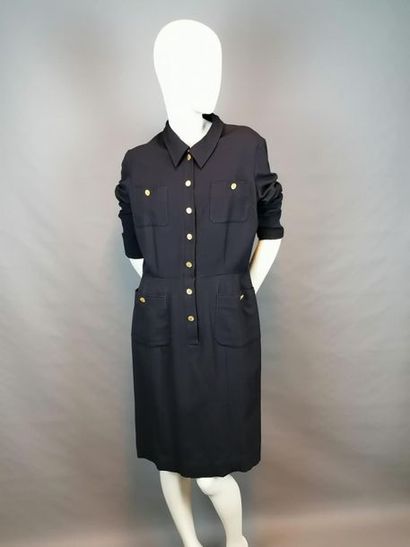 CHANEL Wool CHANEL dress with silk lining, navy blue, sun buttons on the back, size...