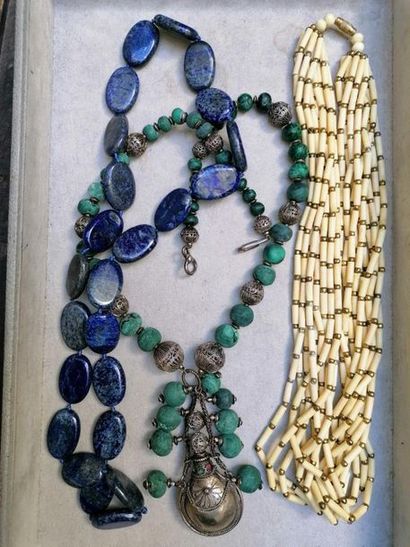 Bijoux fantaisies lapis lazuli necklace, ethnic necklace in malachite and silver,...