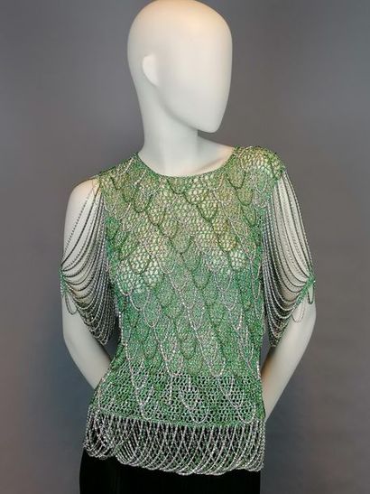 Loris AZZARO Top en lurex et chaînettes métal vert et argent - environ T38 - Bon...