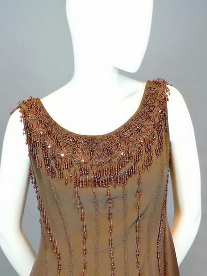 MODE VINTAGE 60/70's dress, brown pearl pendants, satin lining, size 38, very good...