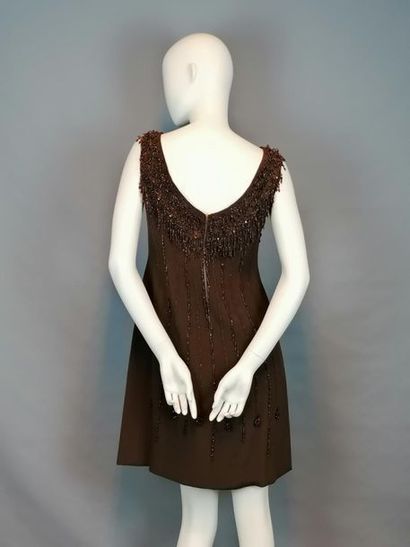 MODE VINTAGE 60/70's dress, brown pearl pendants, satin lining, size 38, very good...
