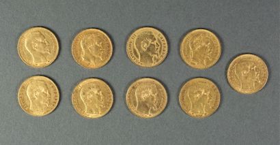 PIECES Lot de 9 pièces de 20 francs or, France Napoléon III.