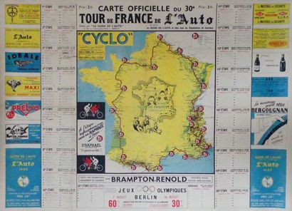 TOUR de FRANCE « CARTE OFFICIELLE du 30e TOUR de FRANCE de L’AUTO ».1936 Editée par...