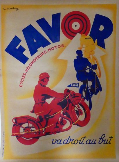MATTHEY L (XX) FAVOR CYCLES-VÉLOMOTEURS-MOTOS « VA DROIT AU BUT ».Vers 1950 Etablissement...