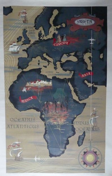 SABENA BELGIAN AIRLINES. « EUROPA-ASIA-AFRICA ».Vers 1955 
Lismo, Bruxelles - Printed...