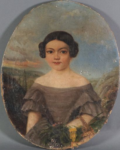Ecole Française XXe. 
Portrait de jeune fille au panier fleuri. Huile sur toile ovale....