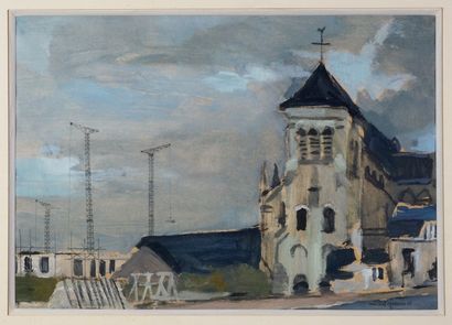 Michel GASSIES (1925-?) Place de l'église. Huile sur papier signée en bas à droite...