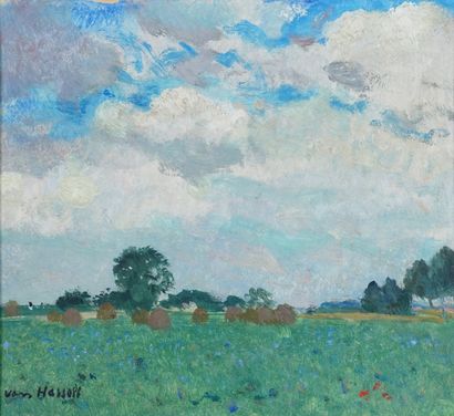 Willem HASSELT VAN (1882-1963) Paysage aux meules de foin huile sur panneau