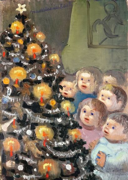 Madeleine LUKA (1894-1989) Les enfants au pied du sapin de Noel. Huile sur carton...