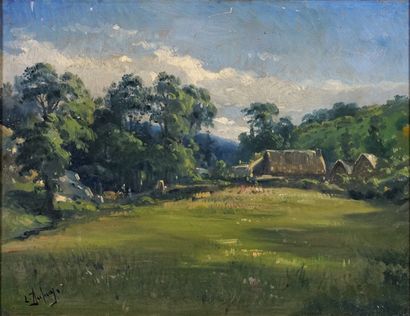Louis DUPUY (1854-1941) Paysage de campagne. Huile sur panneau. 27 x 36 cm