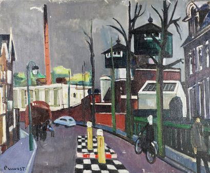 Pierre PRUVOST (1921-2008) Rue animée. Huile sur toile 60 x 73 cm