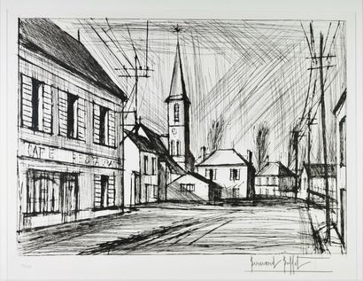 Bernard BUFFET (1928-1999) 
Place de village lithographie signée au crayon et numérotée...