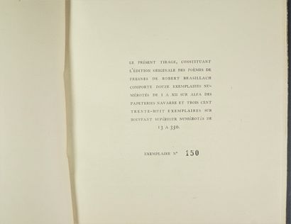 ROBERT BRASILLACH POEMES DE FRESNE. PARIS, LA PENSEE FRANÇAISE, 1946. Volume, in-4,...