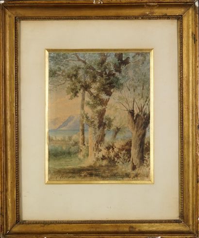 Henri Joseph HARPIGNIES (1819-1916). Paysage. Aquarelle sur papier. Signée en bas...