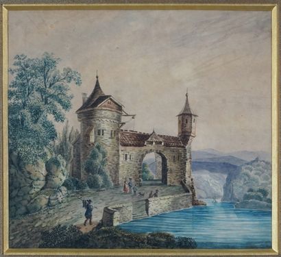 Ecole XIXe Paysage animé au Château Fort . Aquarelle sur papier. 20 x 22 cm. On y...