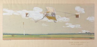 Ernest MONTAUT (1879-?) - Marguerite GAMY (1883-1936) Aviation. 3 Lithographs heightened....