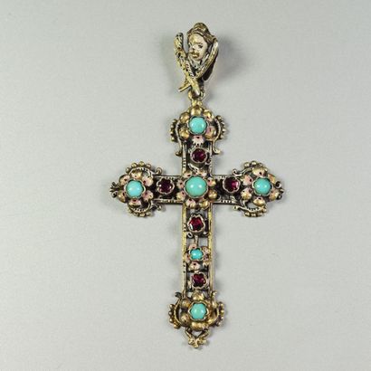  Croix-pendentif ancienne en argent (800/oo) partiellement vermeillé à décor ajouré...