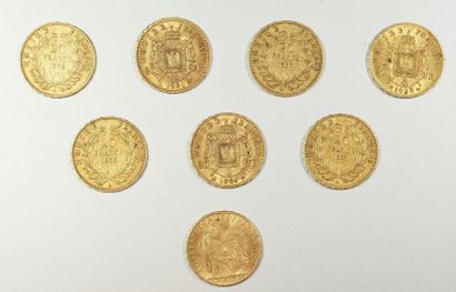 null 
Lot de 8 pièces de 20 francs or dont , 7 Napoleon III (1854-1855-1857-1861-1862-1869) et 1...