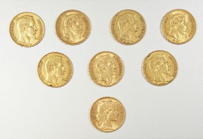  Lot de 8 pièces de 20 francs or dont , 7 Napoleon III (1854-1855-1857-1861-1862-1869) et 1...