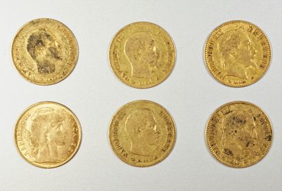  Lot de 6 pièces de 10 francs or dont 5 Napoleon III (1856- 2x 1858 -1865-1866) et 1...