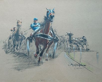 L MALESPINA (1874 - 1940) 
Course de trot attelé . Gravure rehaussée 45 x 56 cm à...