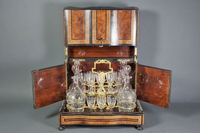 null A veneer and burr wood liquor cabinet, with copper and ivory inlays, including...