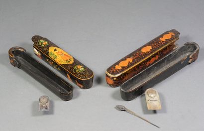 Two Kadjar pen trays in lacquered papier-mâché...
