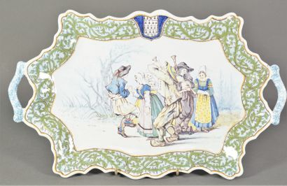 QUIMPER Tray with two handles in earthenware decorated with Breton dances in Bannalec,...