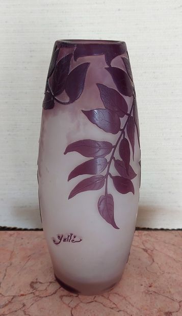 GALLÉ Émile (1846-1904) Vase en verre multicouches à décor de glycine. Haut. : 23...