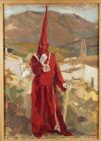 Jacques HIRTZ (1905-1988). Procession en Espagne . Huile sur isorel signée en bas...