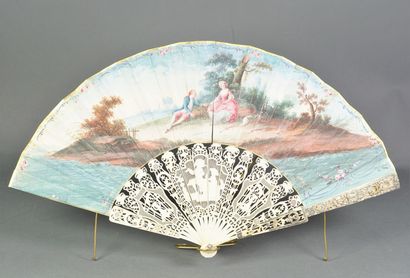 null Double face fan, the gouache leaf decorated on one side with gallant scenes...