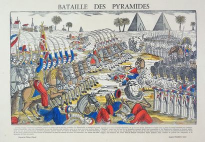  Ensemble de trois images d’Epinal, Napoléon aux pyramides, Bataille des Pyramides...